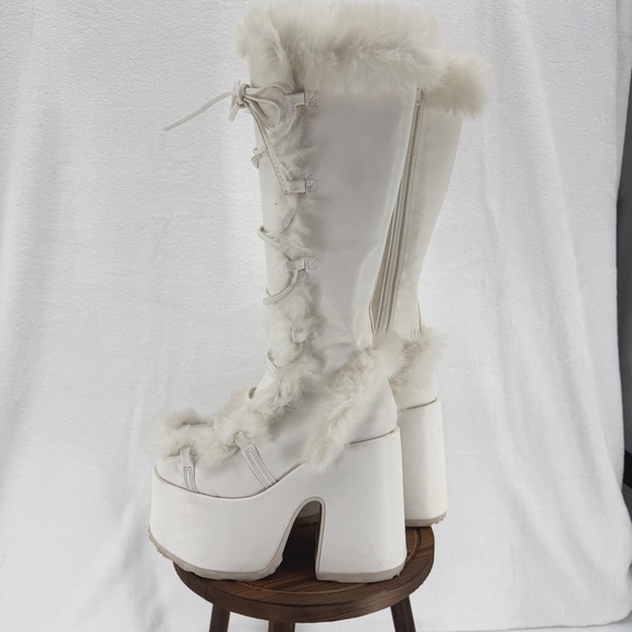 Demonia Camel - 311 Vegan Platform Boots Size 7 White Faux Fur Festival Rave - Picture 7 of 14